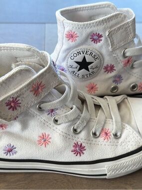 Converse Kids White High-Top Sneakers with Pink & Purple Flower Embroidery
